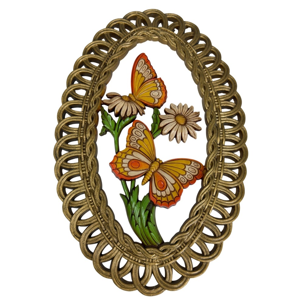 Vintage MCM Coppercraft Guild Butterfly Daisy Wall Plaque Gold Oval Frame USA